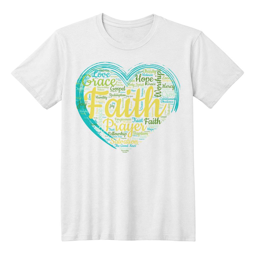 Faith Based Word Cloud Blue Heart - Bella + Canvas 3001 Jersey Tee