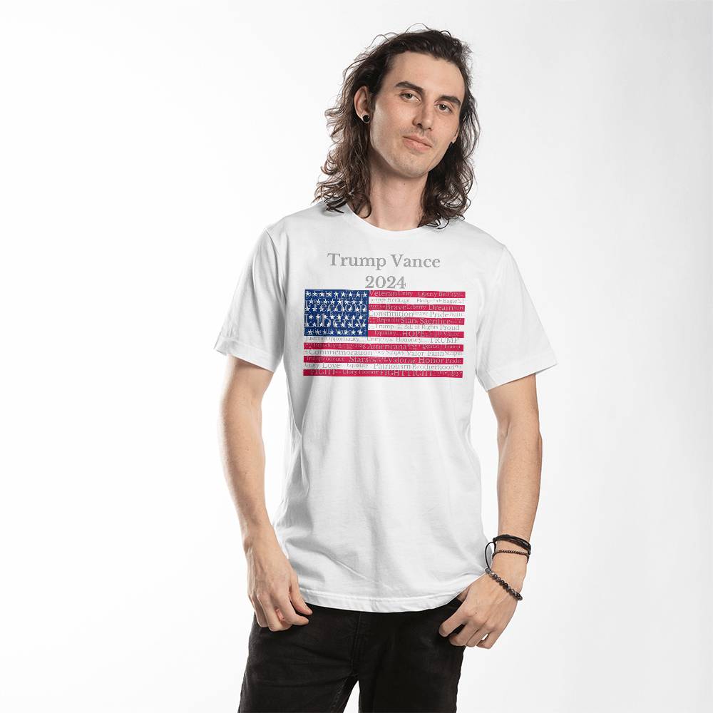 Trump Vance 2024 Word Cloud Flag - Bella + Canvas 3001 Jersey Tee