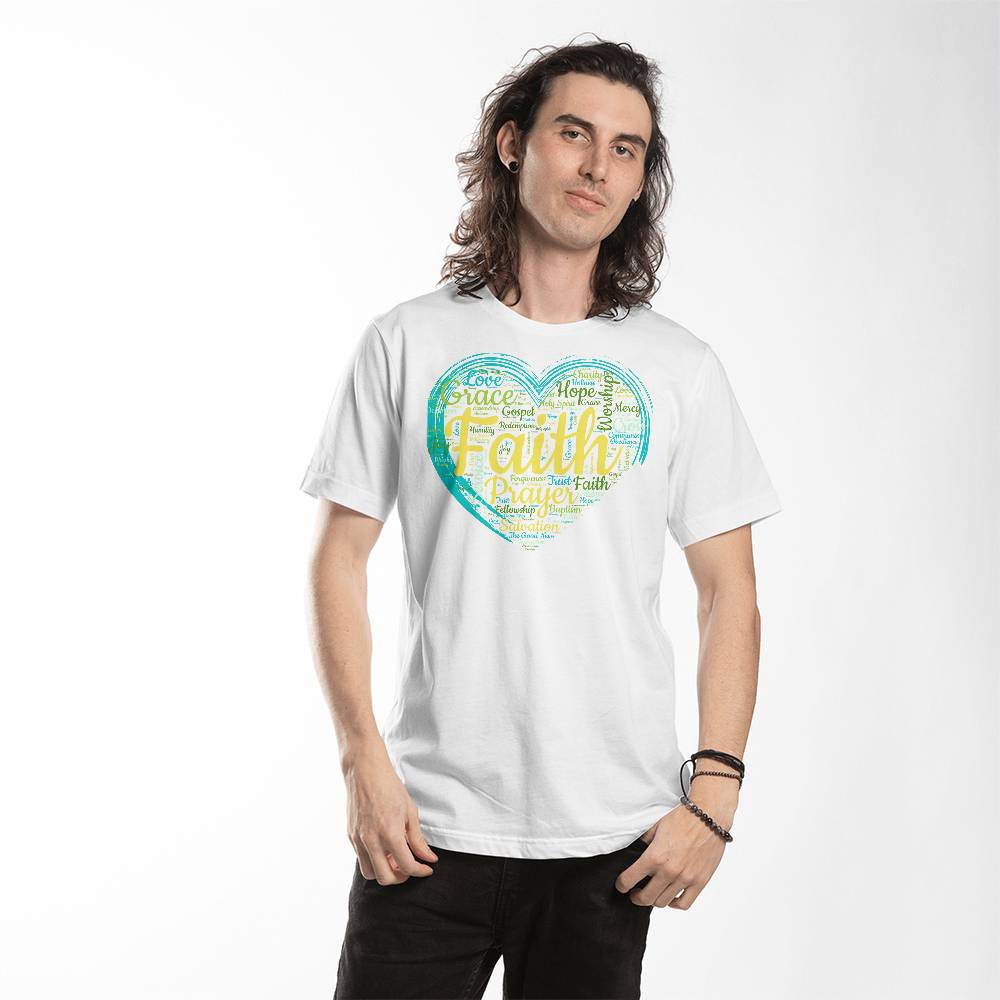 Faith Based Word Cloud Blue Heart - Bella + Canvas 3001 Jersey Tee
