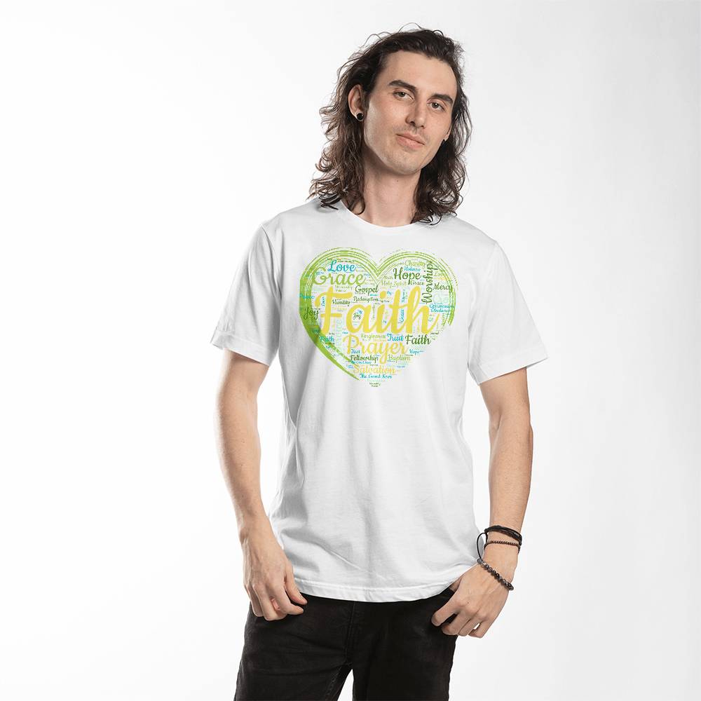Faith Based Word Cloud Green Heart - Bella + Canvas 3001 Jersey Tee