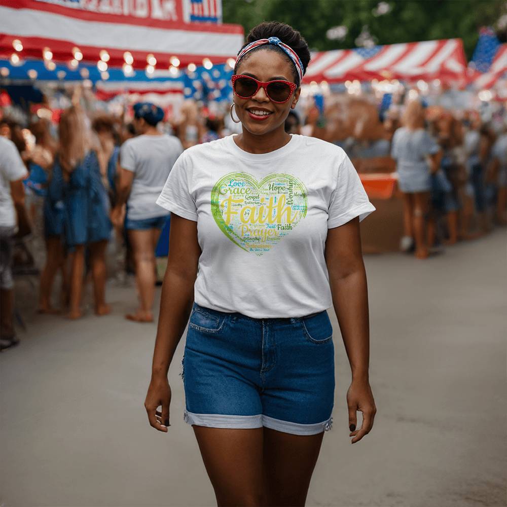 Faith Based Word Cloud Green Heart - Bella + Canvas 3001 Jersey Tee