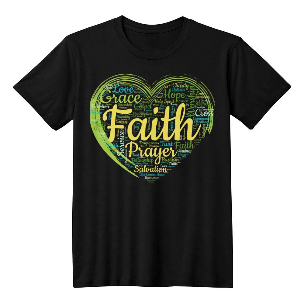 Faith Based Word Cloud Green Heart - Bella + Canvas 3001 Jersey Tee