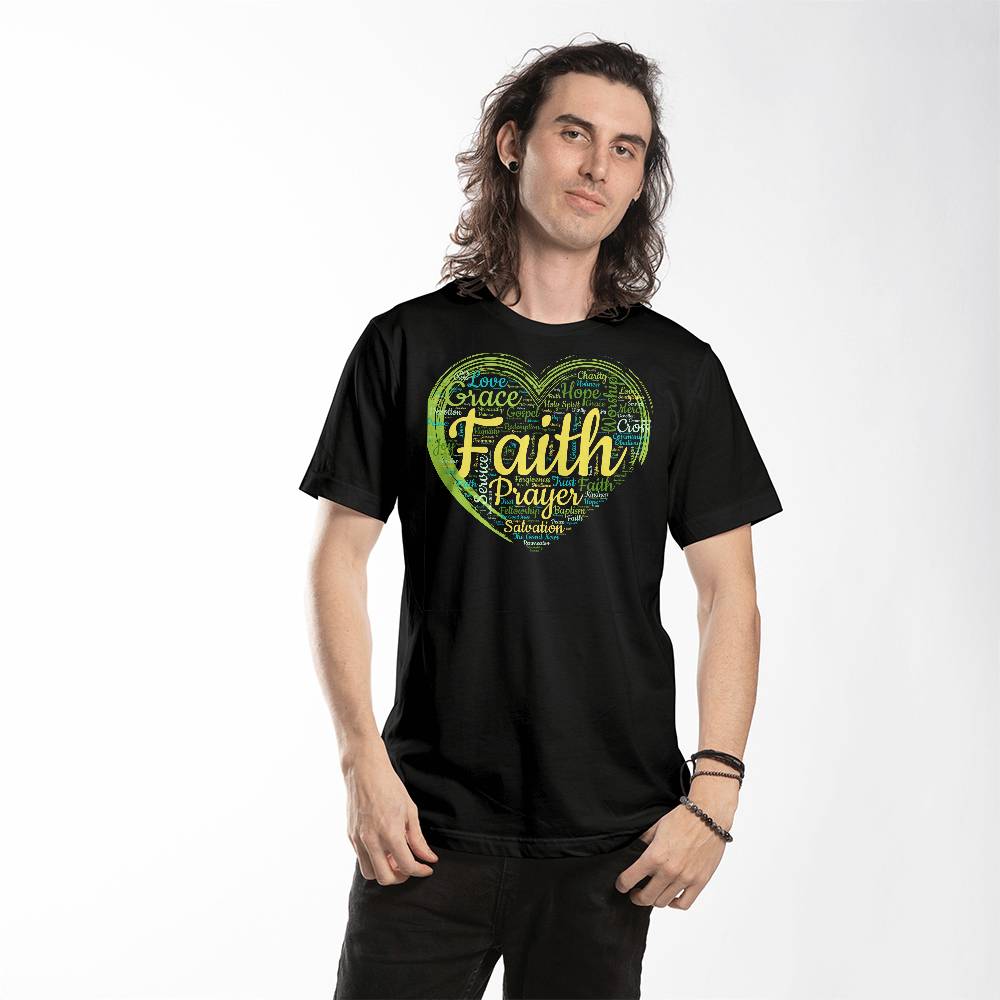 Faith Based Word Cloud Green Heart - Bella + Canvas 3001 Jersey Tee