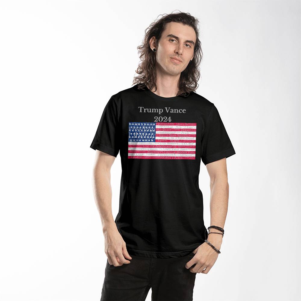 Trump Vance 2024 Word Cloud Flag - Bella + Canvas 3001 Jersey Tee