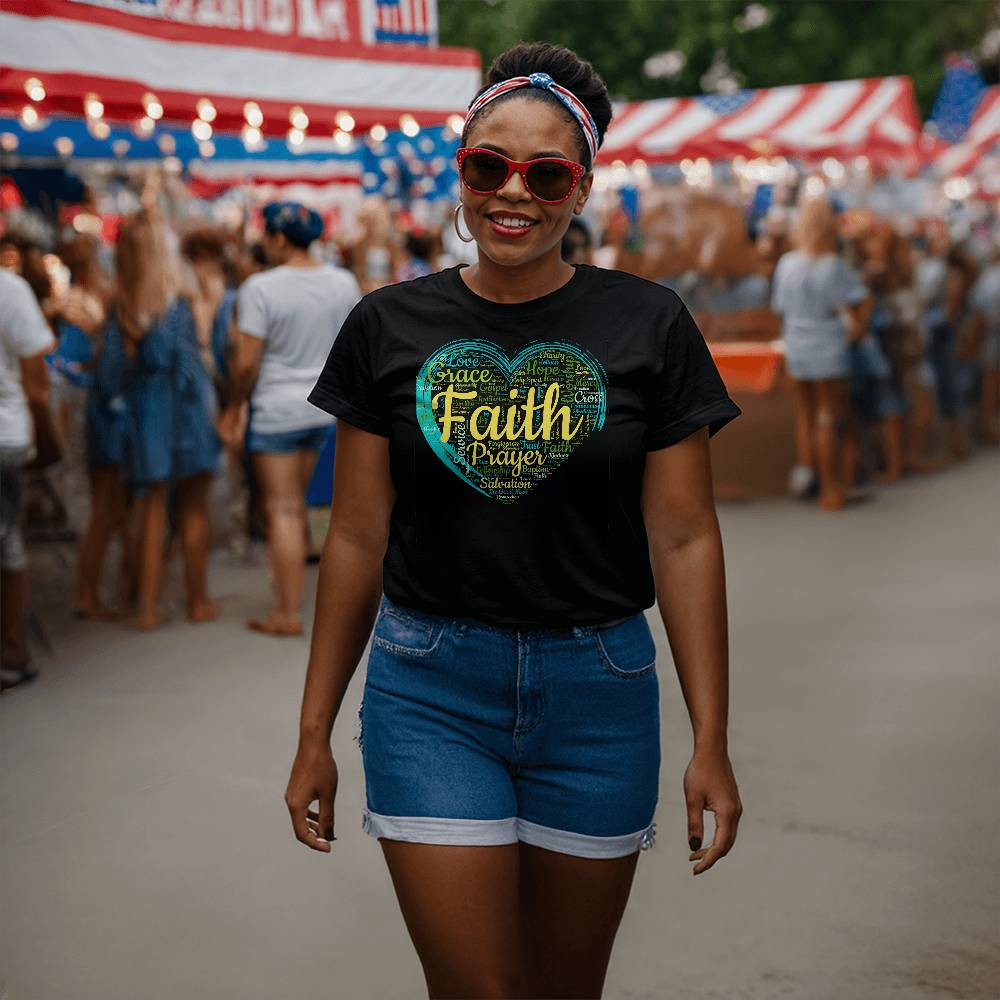 Faith Based Word Cloud Blue Heart - Bella + Canvas 3001 Jersey Tee