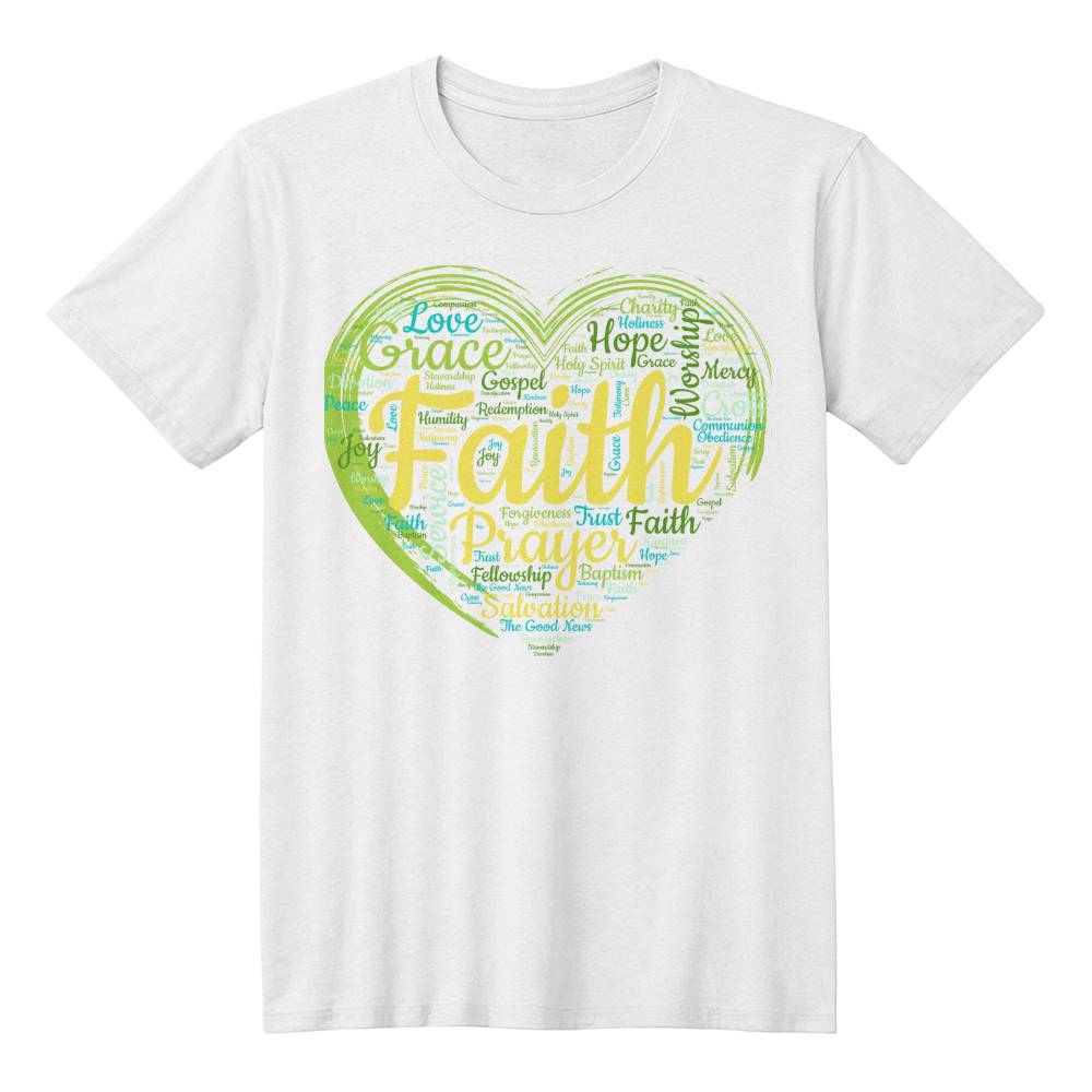 Faith Based Word Cloud Green Heart - Bella + Canvas 3001 Jersey Tee