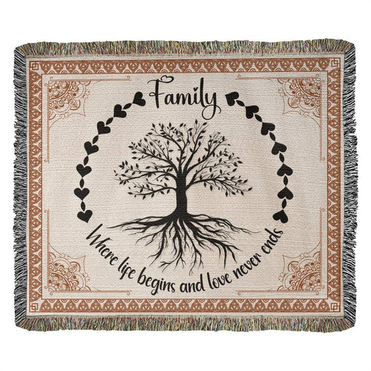 FAMILY WHERE LIFE BEGINS AND LOVE NEVER ENDS - WOVEN BLANKET