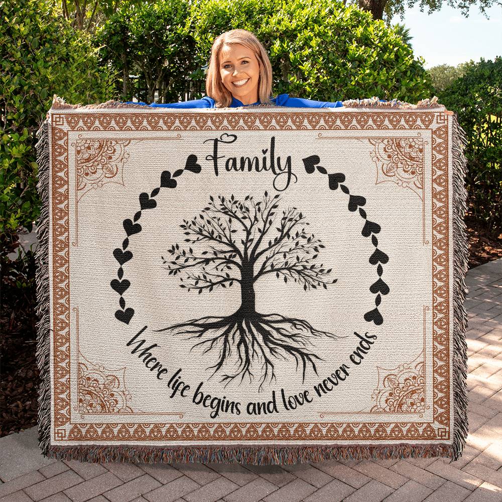 FAMILY WHERE LIFE BEGINS AND LOVE NEVER ENDS - WOVEN BLANKET