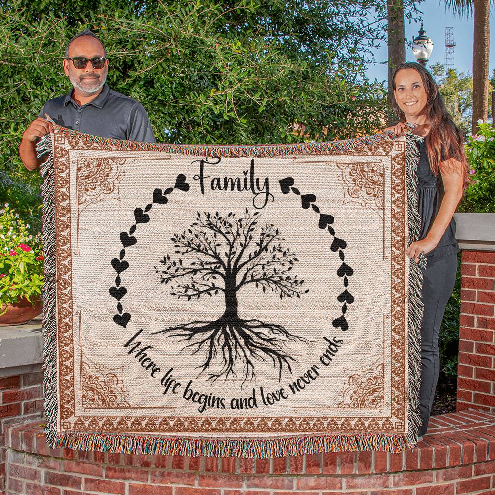 FAMILY WHERE LIFE BEGINS AND LOVE NEVER ENDS - WOVEN BLANKET