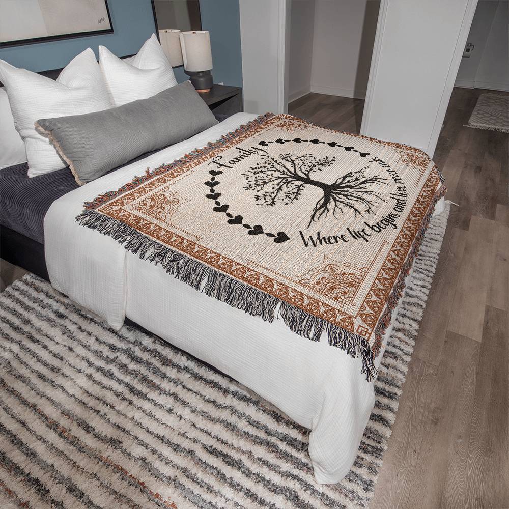 FAMILY WHERE LIFE BEGINS AND LOVE NEVER ENDS - WOVEN BLANKET